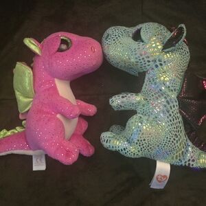 Ty Beanie Boos Dragons Cinder and Darla Plush Toys Pink And Green Big Eyes